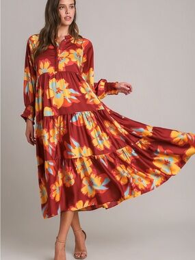 Umgee Rust Maxi Dress with Bold Yellow & Turquoise Floral Print